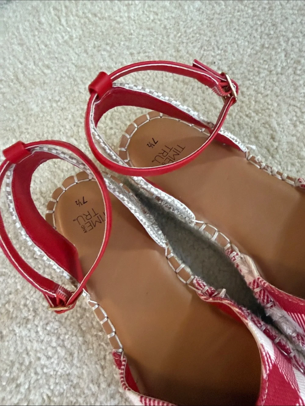 Time and Tru Red and White Gingham Espadrille Sandals with Ankle Strap